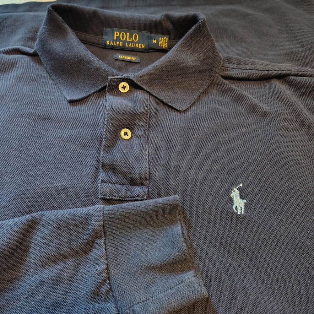 Polo Ralph Lauren Mens Long Sleeve Polo Shirt Navy Blue Classic Fit Size M